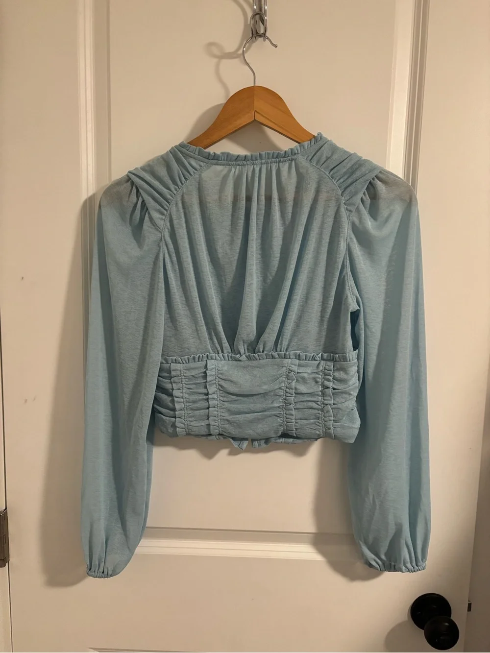 ANTHROPOLOGIE Long-Sleeve Femme Ruched Cropped Top Blue Mesh Small